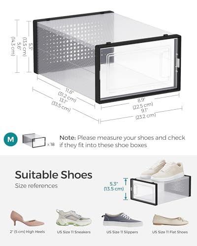 Image of SONGMICS Shoe Boxes, Pack of 18 Shoe Storage Organizers, Stackable Clear Plastic Boxes for Closet, Sneakers, 13.1 x 9.1 x 5.6 Inches, Transparent and Black ULSP18SBKV1
