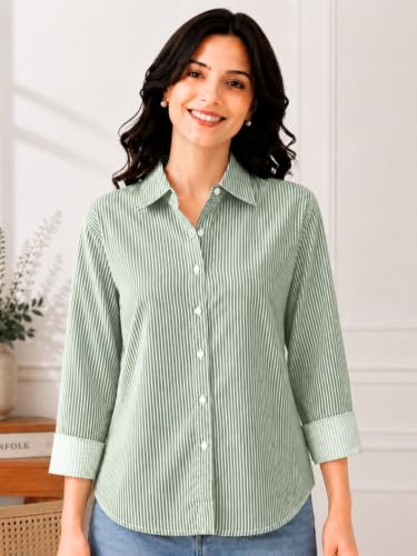 Image of Cotton Striped Shirt for Women with Long Sleeves, Ultra-Soft Cotton Blend, Regular Fit Womens Stylish Casual Shirt, Formal, Party, Beach, Summer Wear