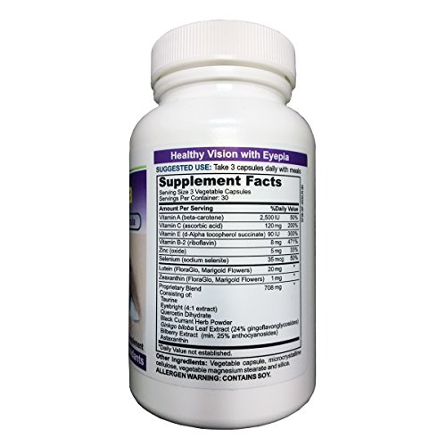 Eyepia Healthy Eyes and Vision Support Supplement 90 V CAPS - Lutein 20 mg and Zeaxanthin, Bilberry, Eyebright, Black Current, and Ginko Biloba Leaf Extract