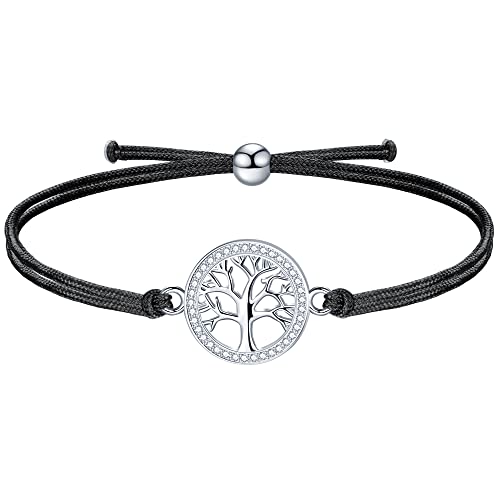 J.Endéar Bracelet Arbre de Vie pour Femmes Fille Argent 925 Zircon Rond Charme Cordon Fait Main 24cm Réglable Communion Cadeau d'Anniversaire, Noir Cover