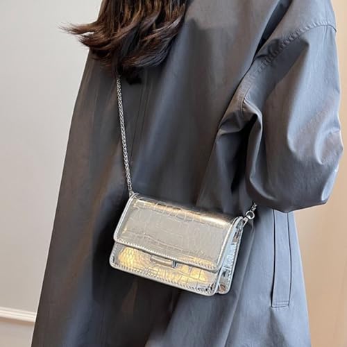 Small Crossbody Purse Bag for Women,Mini Y2k Silver Metallic Croc-Embossed Clutch Handbag,Cute PU Leather Pouch Wallet Fit for Phones 5