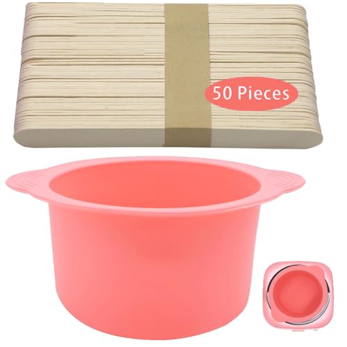 Image of Silicone Wax pot Liner, Silicone Wax Bowl Warmer liner, Non-Stick Melt Pot Replacement, Reusable Melt Liner with 50 Pcs Waxing Sticks Body Hair Removal 14 oz Pink
