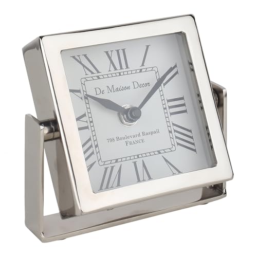 Image of Decor de Maison Brings Handcrafted Time's Canvas - The Table Clock for KidsRoom, Living Room, Bedroom, Study Table|Classic Non-Ticking Battery Operated Analog Desk Clock in Silver (12x3x12cm)