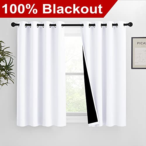 Image of NICETOWN White 100% Blackout Curtains for Windows, Pack of 2, 46 inch W x 45 inch L, Super Heavy-Duty Black Lined Total Darkness Drapes for Bedroom, Privacy Assured Window Treatment for Patio
