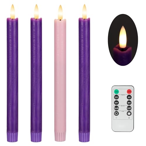 Image of Flameless Taper Candles with Rmote, 9.6 inch Real Wax Flameless Advent Candles, Battery Operated Purple and Pink Christmas Candlesticks for Wreath, Christ, Home, Church, Catholic Decoration