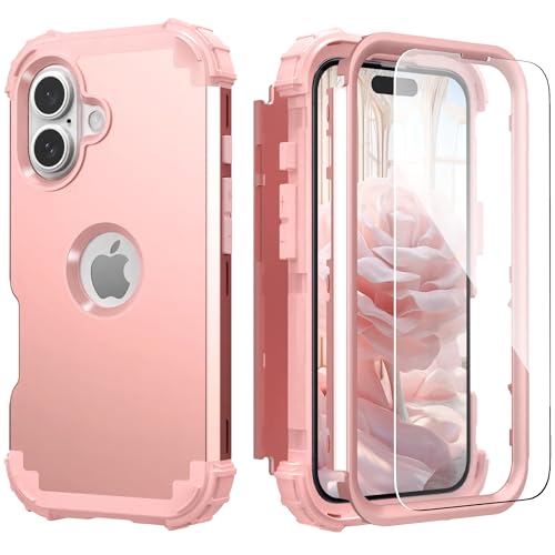 IDweel for iPhone 17 Case with Screen Protector for Women, 3 in 1 Shockproof Slim Fit Hybrid Heavy Duty Hard PC Cover Soft Silicone Bumper Full Body Anti-Fingerprint Case, Rose Gold