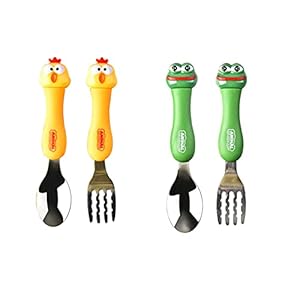 Dilightnews 4 Stuk Kinderbestek, roestvrijstalen kinderbestek, met tekenfilmdieren met doos, voor het spenen en leren over bestek