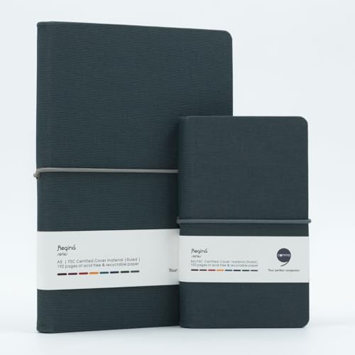 Image of Comma Regina Combo | A5 Size Hard Bound Notebook & A6 Size Hard Bound Pocket Notebook with a Horizontal Elastic Band Closure | 192 Pages | 80gsm Natural Shade Paper | Linen Fabric Cover Material - Greyish Green