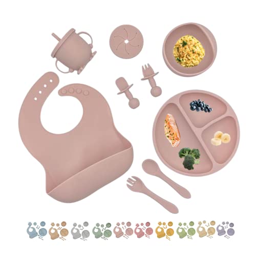 Image of Baby Led Weaning 10 Piece Feeding Eating Supplies | Strong Suction Plate Silicone Cup Snack Lid Drink Lid with Straw Silicone Suction Bowl Bib Spoons Forks Baby Tableware Set 6MonthsToddler(LightPink)