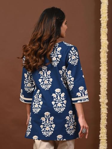 Image of Rimeline Women's Floral Printed Cotton Kurti Top | Round Notch Neck 3 /4 Sleeve Straight Fit Casual Tunic