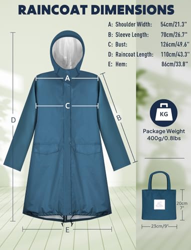 ANYOO Damen Regenjacke Regenmantel Wasserdicht mit Kapuze, Leichter Lange Regenponcho Windbreaker Regenbekleidung, Meer Blau, Einheitsgröße