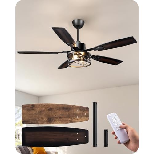 EDISHINE 52" Farmhouse Ceiling Fans with Lights and Remote, 10%-100% Dimmable, Reversible DC Motor, 6 Speed, 5 Wooden Blades, Timer, Rustic Caged Fandelier Ceiling Fan for Living Room, Bedro