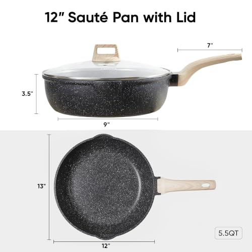 Image of CAROTE 12.5 Inch Nonstick Deep Frying Pan Skillet with Lid, 6 Qt Saute Pan Healthy Granite Induction Cookware, Non Stick Frying Pans Cooking Pan, PFOA Free