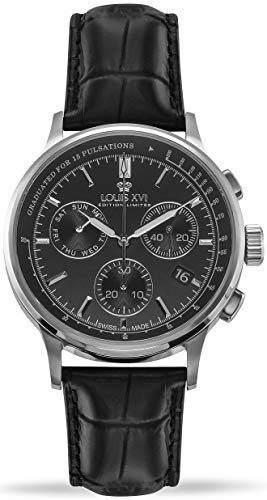 Preisvergleich Produktbild LOUIS XVI Herren-Armbanduhr Monseigneur Chronograph Analog Quarz Leder (Silber Schwarz)