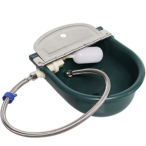 Houtokit Bebedor automático de plástico para água com tampa de aço inoxidável, bebedouro para cães, vacas, cavalos, com válvula de flutuador, parafuso de drenagem e tubo de 1/2 polegadas (verde)