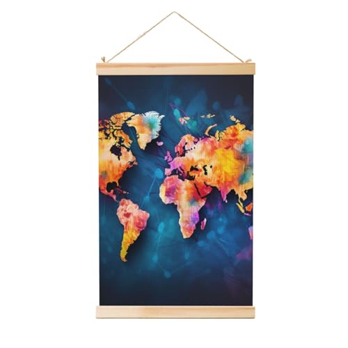 Peinture murale carte du monde avec suspension sans cadre rigide