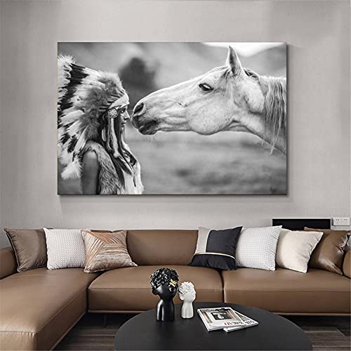 Lixi Beautiful Headdress Tribal Native American Indian Girl And Horse Poster Decorative Painting Canvas Wall Art Living Room Posters Bedroom Home Decor Prints 16X24Inch(40X60Cm) #TOP3