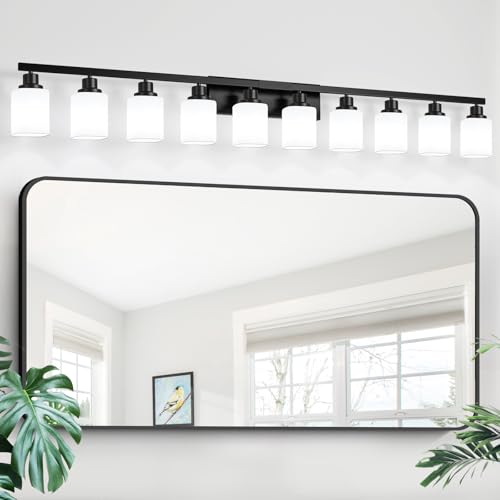Image of 10-Light Bathroom Vanity Light,Modern Matte Black Bathroom Light Fixtures with Square Frosted Glass,64.5in Wall Sconces Over Mirror Restroom,Living Room Hallway E26