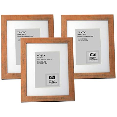 YiPinYin 10 x 8 Inch Brown Wooden Photo Frame set of 3 with Mat for 5 x 7'', 8 x 10 Inch Picture frames with Clear Glass Front for Tabletop or Wall Display Cover