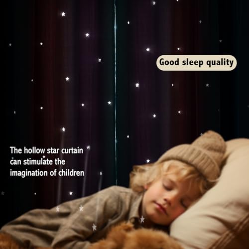 Image of indistar Colourful Stripe Star Cut-Out Blackout Curtains for Bedroom,2 Layers Mix Design of Fabric & Tulle,Pretty Window Curtain for Kids Room 1 Panel (W52 x L63 Purple Pink Green)
