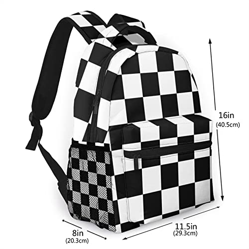 Black White Race Checkered Flag Pattern Casual School Backpack Bag, Laptop Hiking Travel Shoulder Daypack College Bookbag for Men Woman Girls Boys Teens2