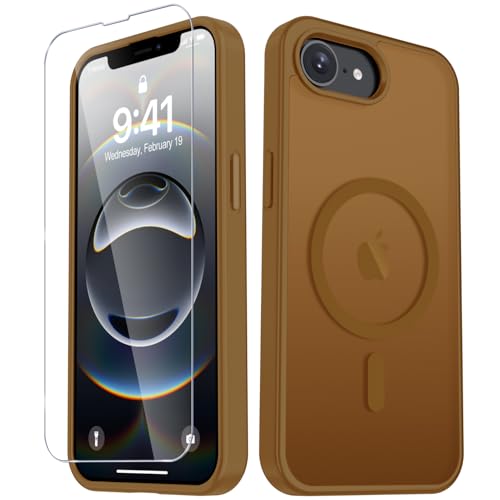Image of YENAPOON for iPhone 17e Case, iPhone 16e Case, Matte Magnetic Phone Cover [with 1 Screen Protector] [Support for MagSafe] [Shockproof Military Grade Protection] Translucent Frosted Back, Brown