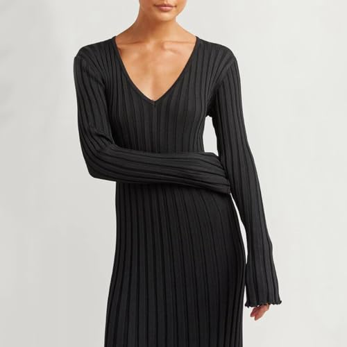 Image of Women's Long Knit Crewneck Sweater Dress Tie Waist A-Line Swing Pleated Bodycon