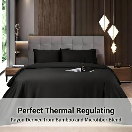 Image of Shilucheng 4 Piece Queen Sheet Sets, Cooling Sheets, Blend Rayon Derived from Bamboo, Deep Pocket Up to 16 inch, Breathable & Soft Bed Sheets, Hotel Silky Bedding Set, Black
