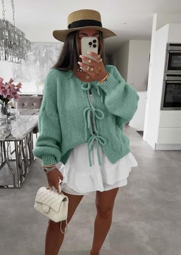 Image of chouyatou Women's Cute Bow Knot Cardigan Fall Casual Oversized Ribbed Knit Sweater Cardigan Tops