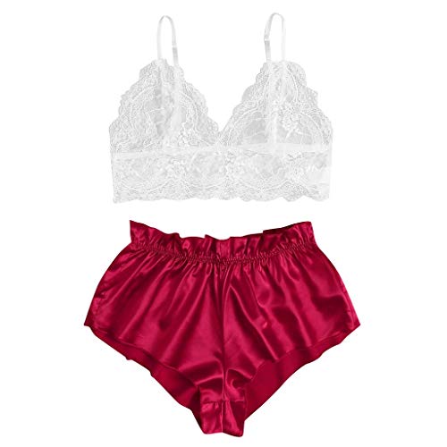 ReooLy Nuevas Damas Camisola de Encaje Pantalones Cortos de satén a Rayas Traje Pajarita lencería Pijamas(M-Rojo,XL)