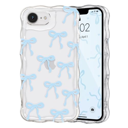 Coque iPhone 17e 16e transparente silicone souple bleu antichoc avec motif noeud papillon bouclé