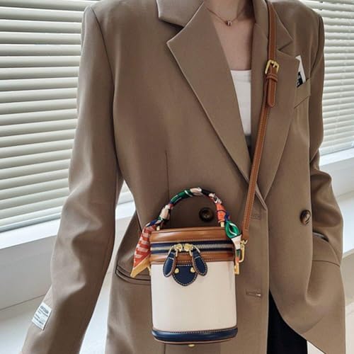 Retro Bucket Bag Female PU Leather Color Contrast Cylinder Shoulder Round Bag Handle Handbag Purse4
