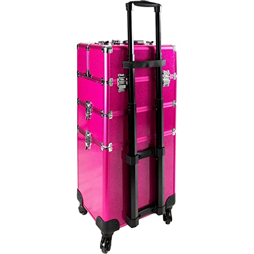 Ver Beauty Professional Rolling Makeup Case, Heavy Duty Makeup Artist Travel Case With 4 Extendable Trays, Magenta Glitter #TOP5