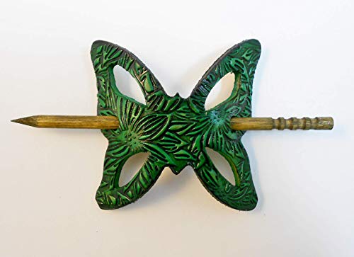 Made In Usa - 2 Genuine Thick Leather Tooled Leather Butterfly Hair Barrettes W Sticks, Bright Color Choice, Ponytail Holders, Floral Design #TOP1