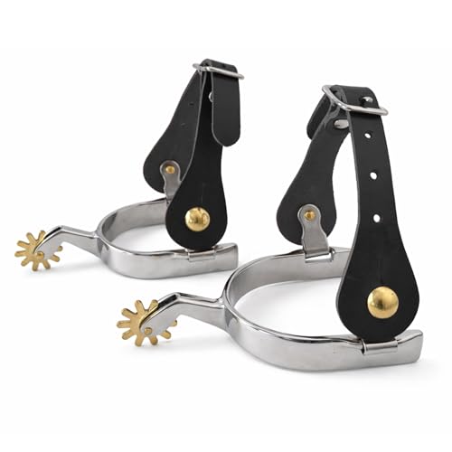 Centmehr High-Polished Finish Stainless Steel Western Spurs with Brass Rowels and Black Genuine Cowhide Leather Straps