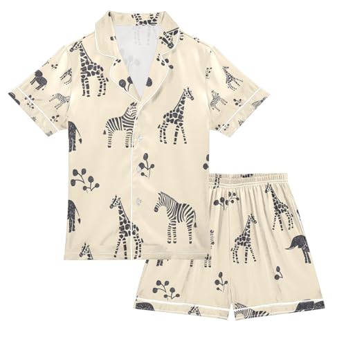 senya Animals on Zebra Satin Summer Pajama Sets Silk Short Sleeve Button Down Sleepwear