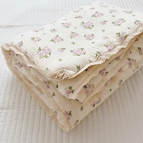 Image of BuLuTu Purple Flower Baby Quilts for Kids Muslin Comforter Large Thin Summer Quilt for Crib /Cradle /Cot, 2-Layer Muslin Toddler Blanket Purple Perilla Pattern, 47x59 Inch