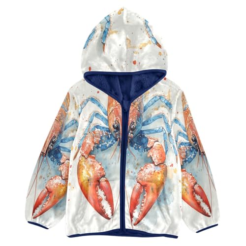 Red Blue Crawfish Watercolor Toddler Fleece Jacket Girl Boys Hooded Fleece Jacket Coat Warm Outwear Zip-up 3-10T