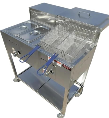 Deep Fryer Cart with 30 lb 3 Gallon Single Tank | Stainless Steel | Portable 4 Wheel | 2 Fryer Baskets | 2 Pan Steam Table | Outdoor Propane Frying Cart for Chicken, Fish, & More | Commercial & Home