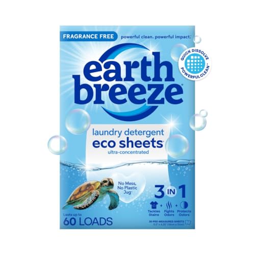 Earth Breeze Laundry Detergent Sheets Fragrance-Free – 60 Loads Eco Liquidless Soap – Travel-Friendly for Hot & Cold Cycles, Tackles Tough Stains & Odors – Gentle on Sensitive Skin, 30 Ct