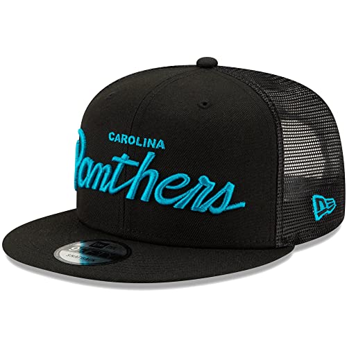 New Era Men s Black Carolina Panthers Script Trucker 9FIFTY Snapback Hat