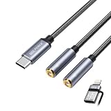 日本の中小企業 i-phone15/16シリーズ対応 USB-C 二股 イヤホン変換 3.5mm オーディオ分配ケーブル 二つ分配 分岐 USB C イヤホン変換アダプター type-c タイプｃ イヤホン マイク対応 ハイレゾ音質 DAC搭載 24bit/96KHz対応 TRRS 4極 ナイロン編み 通話音楽 aux011726 (1個, lightingアダプタ セット)