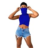 Camiseta de verano para mujer, sin mangas, casual, color liso, con mezcla de camiseta casual de compresión, camisas de yoga para mujer, azul, L