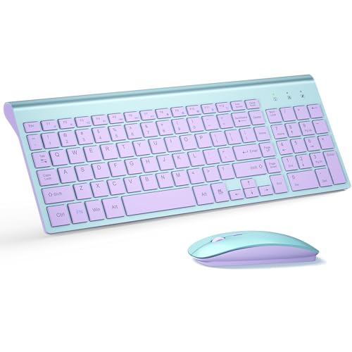 Image of Wireless Keyboard and Mouse Ultra Slim Combo, TopMate 2.4G Silent Compact USB 2400DPI Mouse and Scissor Switch Keyboard Set with Cover, Batteries Included, for PC /Laptop /Windows /Mac - Blue Purple