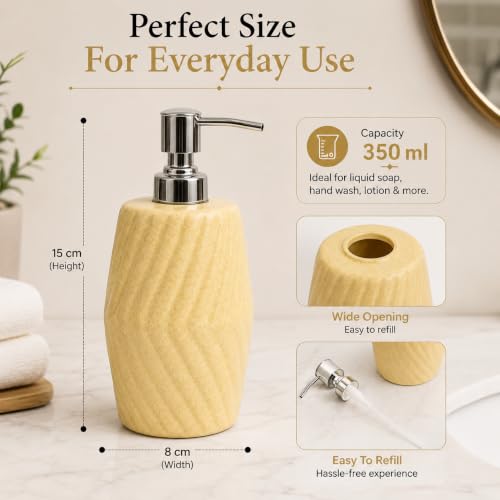 Image of Quace Ceramic Soap Dispenser for Bathroom & Kitchen Sink | Beige Liquid Soap Dispenser with Rust-Resistant Pump | Refillable Hand Wash Dispenser for Wash Basin, Vanity Counter & Home Decor