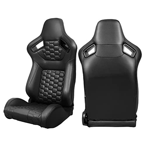 Image of IKON MOTORSPORTS, Universal Racing Seats with Dual Sliders, Reclinable Black PU + Carbon Leather with Hexagonal Quilting Sport Bucket Seats, 1 Pair Driver + Passenger Side