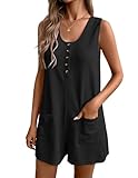 Ekouaer Women's Summer Casual Rompers Waffle Short Overalls Loose Jumpsuit Beach Outfits Travel Vacation Clothes Black M
