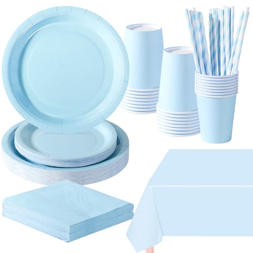 PYAILI Anniversaire Vaisselle de fete 121 Pièces Bleu Morandi Party Assiettes en Papier Set Assiettes de Fête Papier Tasses Serviettesr, pour Barbecue les...