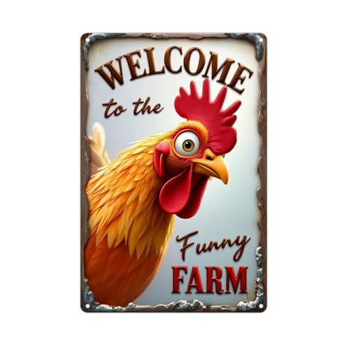 FunnySign Rooster Décor Welcome To The Funny Farm Rustic Tin Sign For Home Farm Chicken Coop Decor 8×12 Inch (9707)
