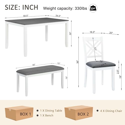 Image of Harper & Bright Designs 6 Piece Kitchen Dining Set, 58.5 inch Rectangular Rubber Wood Table with 4 Upholstered Chairs and Bench, Grey & White Modern Farmhouse Dining Table Set for 6, Kitchen Living Room